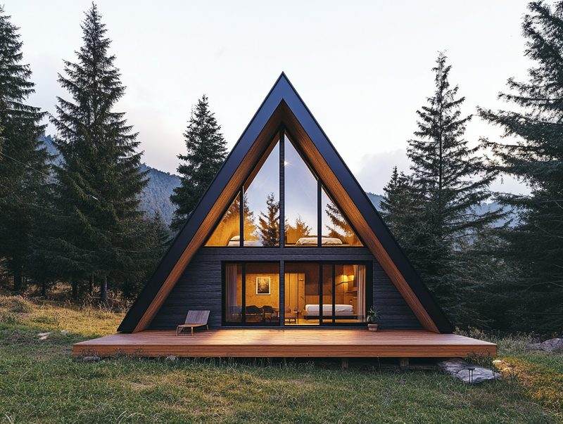 A-frame planinska kuća, primer objekta ~45 m² sa stakletnim prednjim zidom